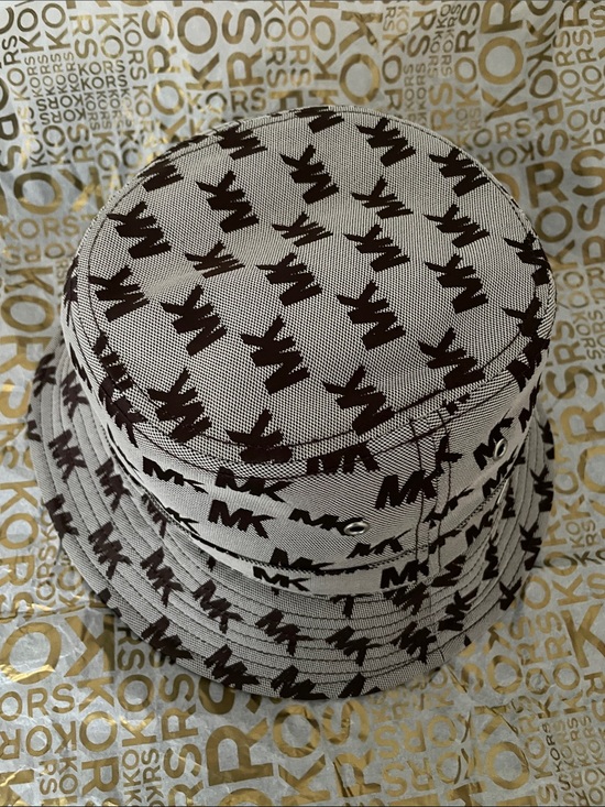 Michael Kors Accessories - Michael Kors White Bucket Hat with Brown MK Logo Print